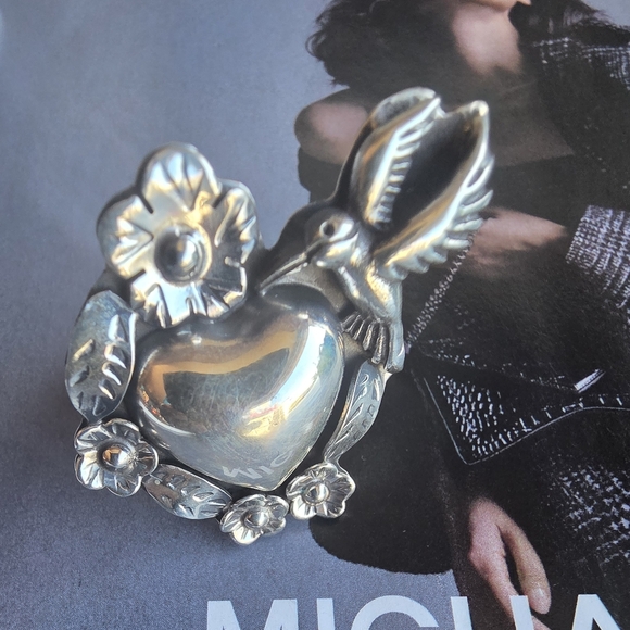 Silver Heart and Hummingbird Ring Taxco Adjustable - Picture 1 of 15